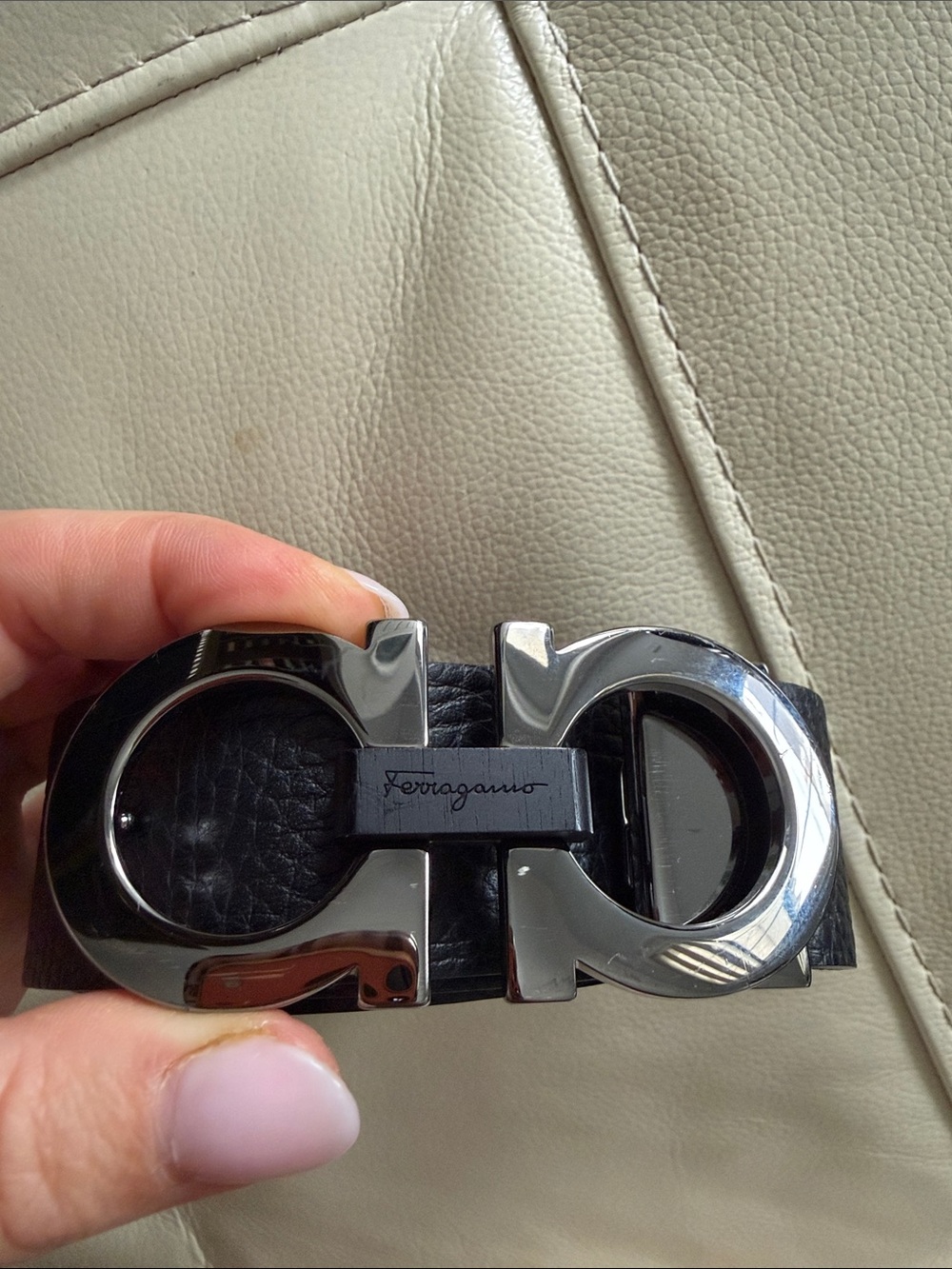 Salvatore Ferragamo Black Leather Double Gancini Buckle Belt
